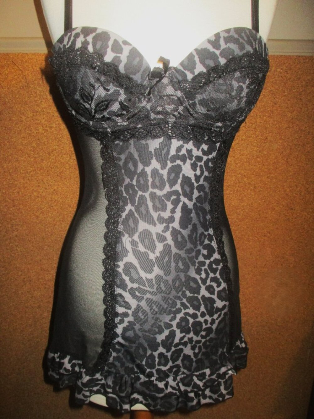 Leopard Print Babydoll Teddy Semi Sheer Stretch Mesh with Thong (2 PC SET) - Picture 3 of 7